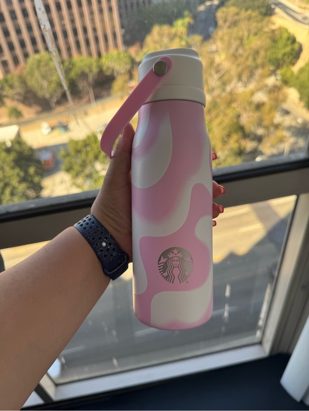 Starbucks Pink and White Swirl Insulated Bottle with Carry Handle